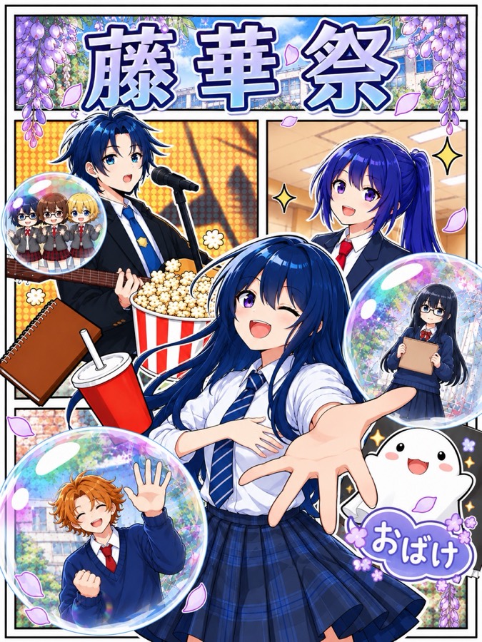 藤華祭のイラスト。マイクで歌う生徒、ポップコーン、手を差し伸べる生徒、おばけ。シャボン玉の中に思い出の場面が描かれている