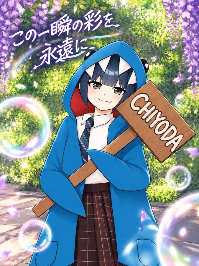 藤華祭のイラスト。藤の花の下、サメのパーカーを着た生徒がCHIYODAと書かれた看板を持ち、まわりにシャボン玉が浮かんでいる。手書きで「この一瞬の彩を永遠に」